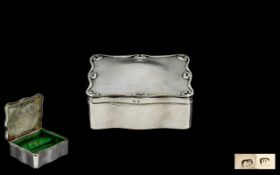 Edwardian Period Ladies Silver Lidded Ring Box of Shaped Form with Fitted Velvet Interior.