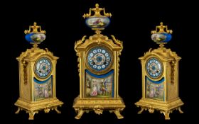 French Louis XIV Style Gilt Metal & Porcelain Mantel Clock Late 19thC. Sevres Style Porcelain Face