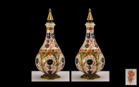 Fine Matched Pair of Royal Crown Derby Persian Style Lidded Vases, in the old Imari pattern and