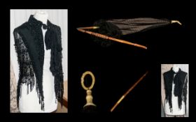 Antique Victorian Parasol & Shawl. Lovely vintage parasol in black silk with fringing, folding