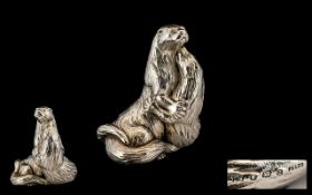 Contemporary Silver Sculpture of Two Otters by a Riverbank, Good Details. Hallmark London 1990,