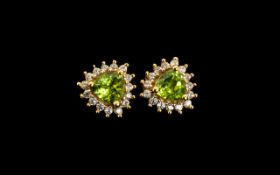 Peridot Trillion and Zircon Halo Stud Earrings, trillion cut peridots of .75ct each, framed with
