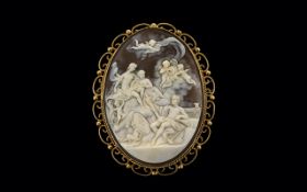 A Large and Impressive Shell Cameo 9ct Gold Mounted Brooch of Oval Form, Depicts a Classical Greek