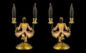 Murano - Venetian Pair of Fine Quality and Impressive Blackamoor Figural Art Glass Candlesticks. c.