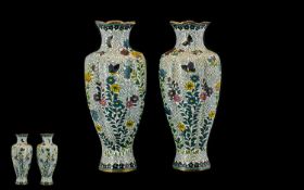 Japanese Early 20th Century Fine Pair of Cloisonne Vases of Interesting Form, Decorated with