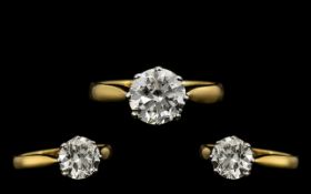 Ladies Attractive 18ct Gold - Single Stone Diamond Ring, The Round Modern Brilliant Cut Diamond of