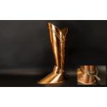 Stick Stand. Planished copper Stick stand in shape of a riding boot with spur, stands at 20