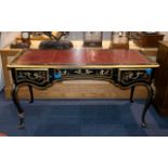 A French Louis XIV Style Writing Desk, Black Lacquered Chinoiserie Decorated Throughout Depicting