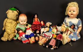 Collection of Vintage Dolls & Teddy. Comprising a vintage BND England 1950s doll with moveable limbs