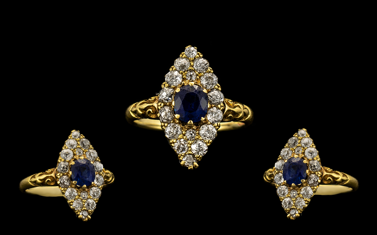 Edwardian Period Attractive and Quality 18ct Gold Marquise Shaped Sapphire and Diamond Ring.