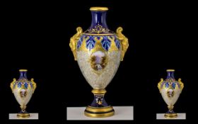 Coalport Hand Painted - Late 19th Century Twin Handle Small Vase with Lion Masks Handles and