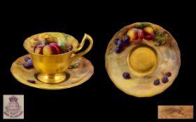 Royal Worcester Hand Painted and Signed Small Cup and Saucer ' Fallen Fruits ' Still Life - Plums