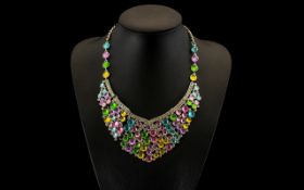 Multicolour Crystal Bib Necklace, articulated panels set with green, pink, yellow and turquoise