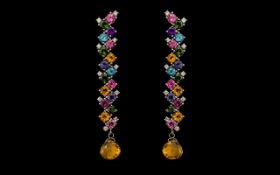 18ct Gold - Superb Fashion Pair of Tutti - Frutti and Diamond Set Earrings / Drops, Full Hallmark