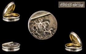 Elizabeth II Fine Circular Silver Pill Box with Embossed Figural Decoration to Cover In The Form