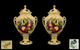 Aynsley - Hand Painted Pair of Twin Handle Lidded Urn Shaped Vases Signed by The Artist D. Jones '
