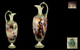 Royal Worcester Nice Quality Hand Painted Ewer of Impressive Form. Peacock and Peahen panoramic