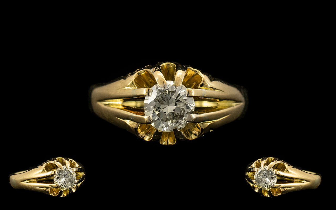 18ct Gold - Gents Pleasing Stone Diamond Ring -Gypsy Setting. Full Hallmark for 18ct, Good