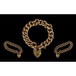 Edwardian Period Superb Quality 9ct Gold Curb Bracelet with Ornate Heart Shaped Padlock and Safety