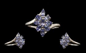 Tanzanite Lozenge Shape Cluster Ring, marquise and pear cut tanzanites of 2cts in a cluster, with