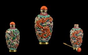 Chinese 19th Century Superb Carved Painted Multi Coloured Bone / Ivory Scent Bottle with Silver Gilt