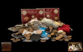 A Hinged Wooden Box containing a quantity of coins and oddments. To include copper pennies, half