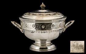 Large Viners Silver Plate Tureen. Circa 1950s, ornate design raised on a pedestal with matching