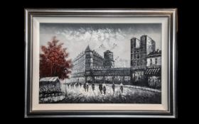 Large Oil on Canvas French Street Scene framed in a contemporary silver frame. Scene depicts the