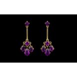 Antique Period Pair of Attractive 9ct Gold Amethyst Set Drop Earrings in a Flower head Design. The