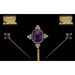 Victorian Period Nice Quality Gold Stick Pin Set with a Single Amethyst, Surrounded by Old Cut