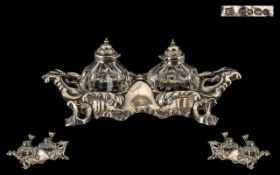 Victorian Period Superb Quality Sterling Silver Ink Stand of Ornate Design and Form, Complete with