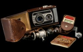 Vintage Weltaflex Camera in leather case, with bakelite light meter and other accessories, all