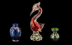 Murano Glass Large Vintage Heron 23 cm tall, red glass bird. Also includes two vintage small