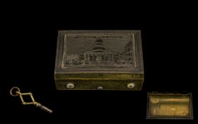 19thC Pressed Horn Cased Musical Box, the hinged lid decorated with a titled view of 'Paris Temple