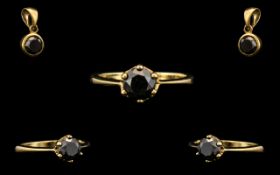 9 ct Yellow Gold Black Diamond Single Stone Ring - Round Diamond weight 0.923 cts set in a claw