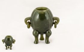 Antique Chinese Nephrite Tripod Censer, Twin Ring Handled Of Plain Lobed Form, Height 3 Inches.