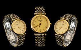 A Ladies Longines Wristwatch gilt dial with Roman Numerals, gold plated case numbered G 4 8354. Bi