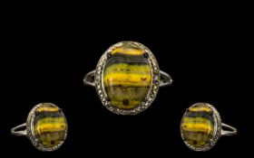 Bumble Bee Jasper Solitaire Ring, a 6.5ct oval cut cabochon bumble bee jasper, named for the natural