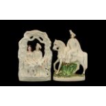 Pair of Staffordshire Flatbacks depicting a man on horseback and a seated courting couple. Please