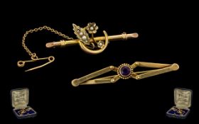 Victorian Period Attractive Pair of 9ct Gold Brooches ( 2 ) One Set with a Central Amethyst of