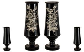 A Stunning Pair of Pleasing Shaped Victorian Period Black / Ruby Glass Vases, with Wonderful Leaf