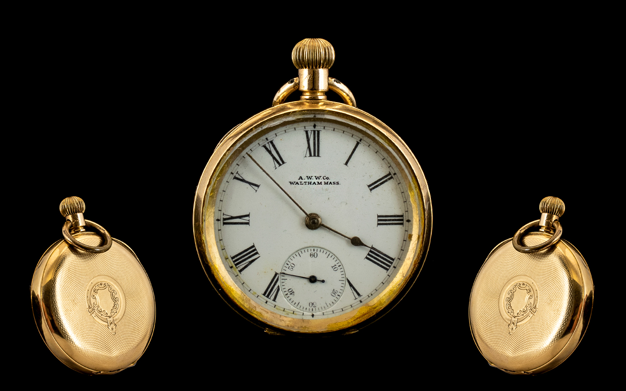 American Watch Co Waltham 14ct Gold Open Faced Keyless Pocket Watch. c.1900 - 1910. Features White