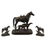 Contemporary Nice Quality Bronze Sculpture of a Riderless Stallion/Horse with Two Dogs, on a grass