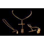 Antique Period - Good Quality 15ct Gold Watch Chain, The Attached T- Bar Is Also a Watch Key (