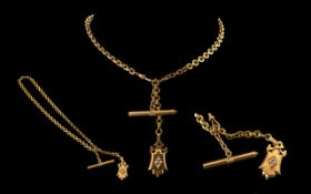 Antique Period - Good Quality 15ct Gold Watch Chain, The Attached T- Bar Is Also a Watch Key (