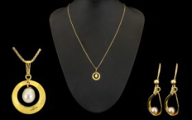 Ladies 9ct Gold Pearl Set Pendant and Attached 9ct Gold Chain with Matching Pair of 9ct Gold Pearl