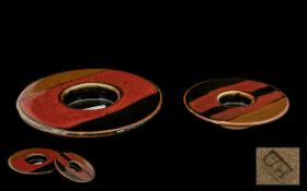 Two Studio Pottery Candle Holders by James Hake in rich red, black and brown colours. One 7''