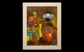 Oil Painting by Hadrian Richards 'Still Life With Violin' dated 2017. Framed in contemporary cream