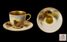 Royal Worcester Handpainted Small Signed Cup & Saucer 'Highland Cattle' signed Harry Stinton,