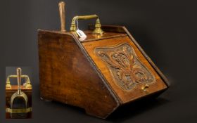 Late Victorian Mahogany Coal Scuttle with carved fall front, brass mount, shovel and metal liner.